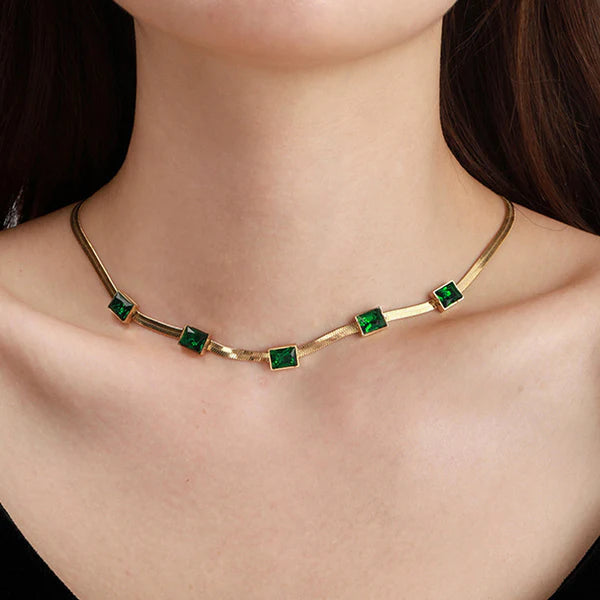 Gold-Plated Snake Chain Necklace with Green Emerald Stone | Stainless Steel, Anti-Tarnish, Waterproof & Hypoallergenic