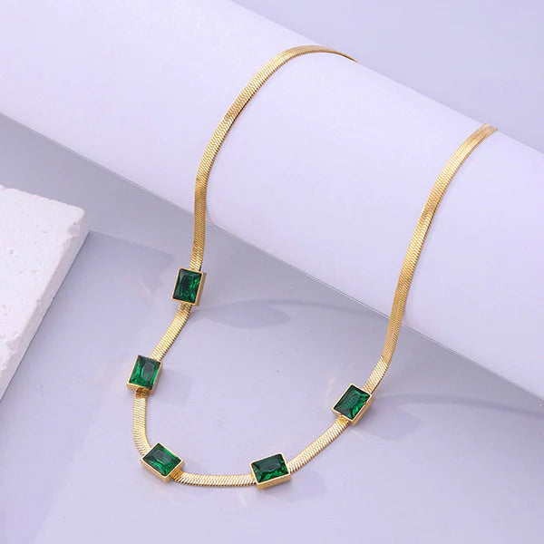 Gold-Plated Snake Chain Necklace with Green Emerald Stone | Stainless Steel, Anti-Tarnish, Waterproof & Hypoallergenic