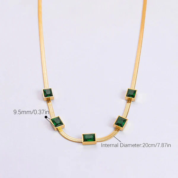 Gold-Plated Snake Chain Necklace with Green Emerald Stone | Stainless Steel, Anti-Tarnish, Waterproof & Hypoallergenic