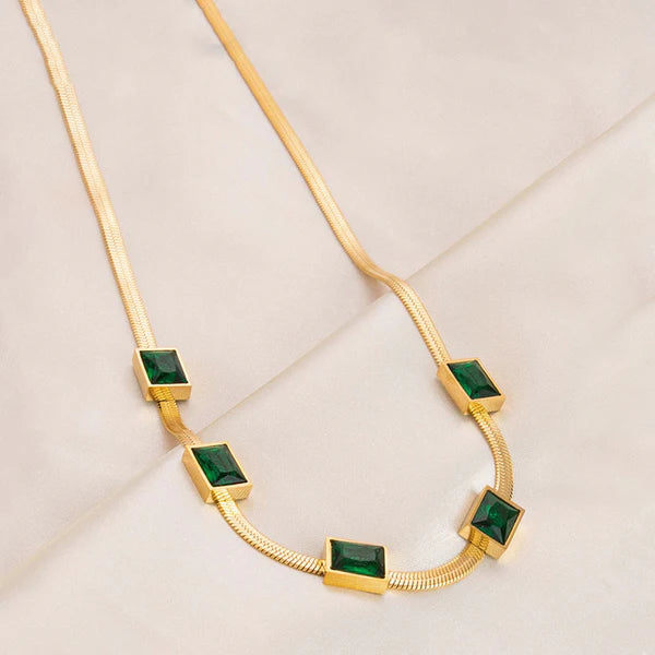 Gold-Plated Snake Chain Necklace with Green Emerald Stone | Stainless Steel, Anti-Tarnish, Waterproof & Hypoallergenic