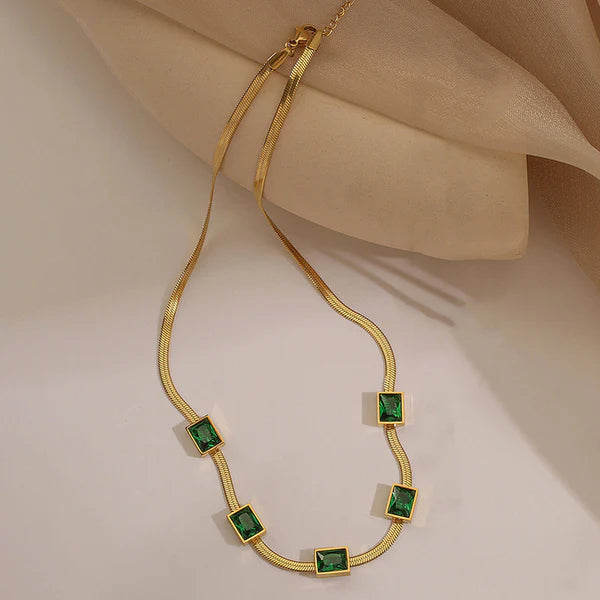 Gold-Plated Snake Chain Necklace with Green Emerald Stone | Stainless Steel, Anti-Tarnish, Waterproof & Hypoallergenic