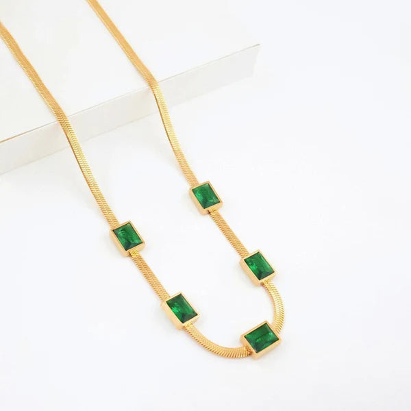 Gold-Plated Snake Chain Necklace with Green Emerald Stone | Stainless Steel, Anti-Tarnish, Waterproof & Hypoallergenic