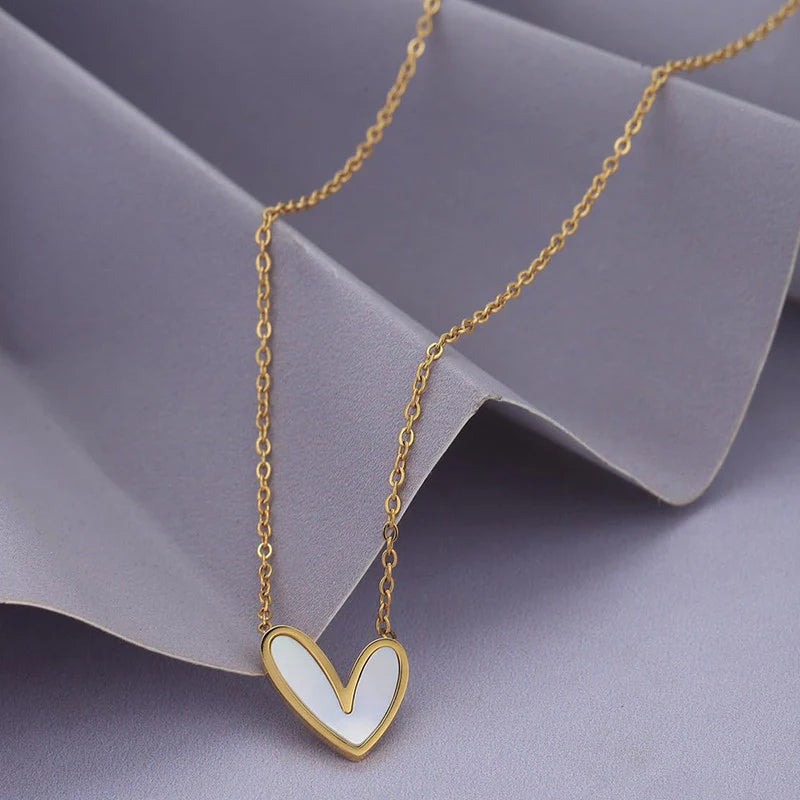 Asymmetrical Gold Heart Pendant Necklace | Mother-of-Pearl Design, Stainless Steel, Anti-Tarnish, Waterproof & Hypoallergenic