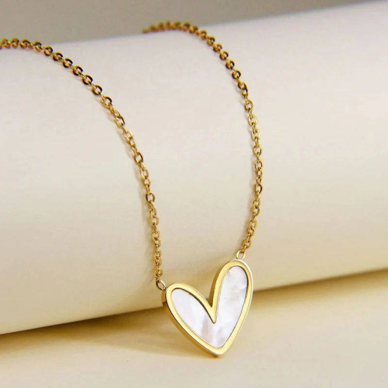 Asymmetrical Gold Heart Pendant Necklace | Mother-of-Pearl Design, Stainless Steel, Anti-Tarnish, Waterproof & Hypoallergenic