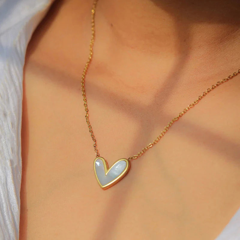 Asymmetrical Gold Heart Pendant Necklace | Mother-of-Pearl Design, Stainless Steel, Anti-Tarnish, Waterproof & Hypoallergenic