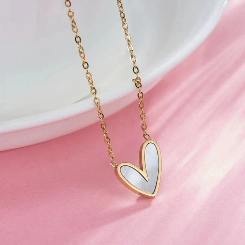 Asymmetrical Gold Heart Pendant Necklace | Mother-of-Pearl Design, Stainless Steel, Anti-Tarnish, Waterproof & Hypoallergenic