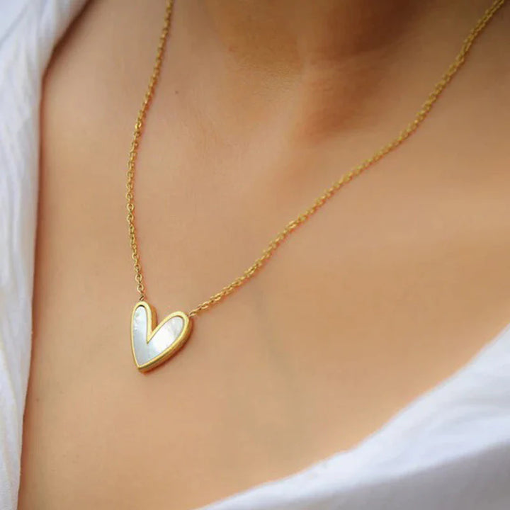 Asymmetrical Gold Heart Pendant Necklace | Mother-of-Pearl Design, Stainless Steel, Anti-Tarnish, Waterproof & Hypoallergenic