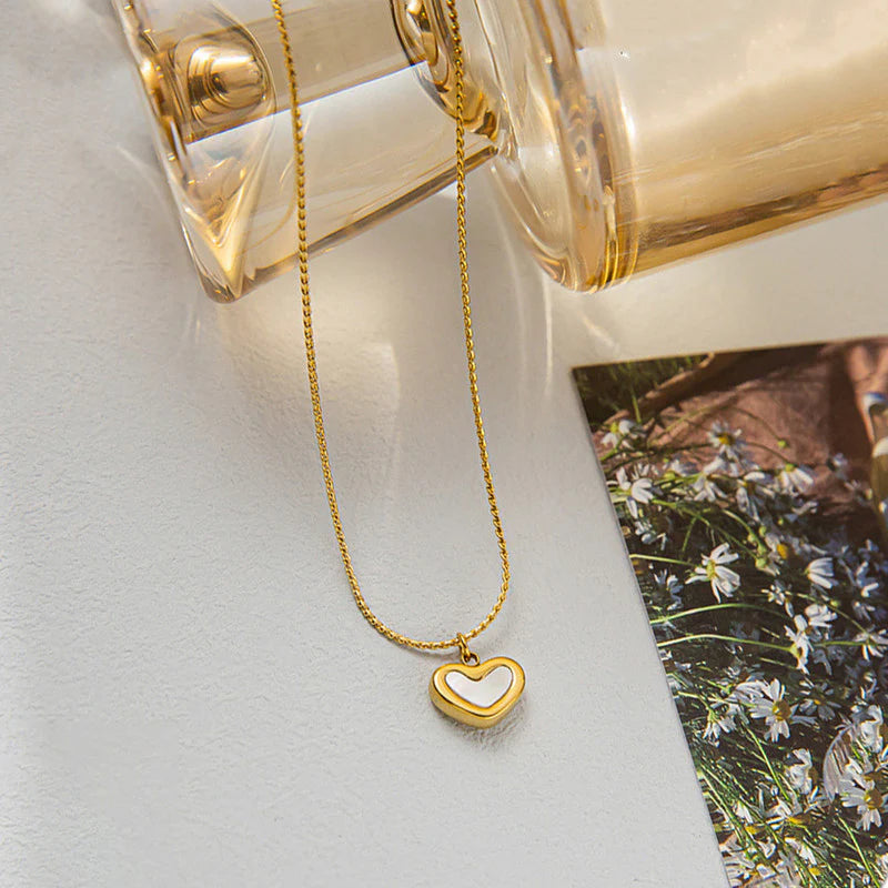 Gold Heart Pendant Necklace | Mother-of-Pearl Design, Stainless Steel, Anti-Tarnish, Waterproof & Hypoallergenic