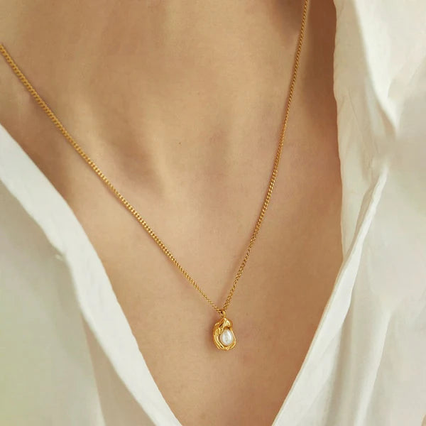 Gold-Plated Pearl Studded Contemporary Pendant Necklace | Stainless Steel, Anti-Tarnish, Waterproof & Hypoallergenic