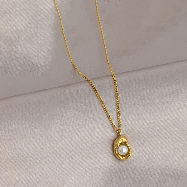 Gold-Plated Pearl Studded Contemporary Pendant Necklace | Stainless Steel, Anti-Tarnish, Waterproof & Hypoallergenic