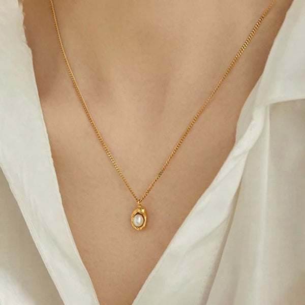 Gold-Plated Pearl Studded Contemporary Pendant Necklace | Stainless Steel, Anti-Tarnish, Waterproof & Hypoallergenic