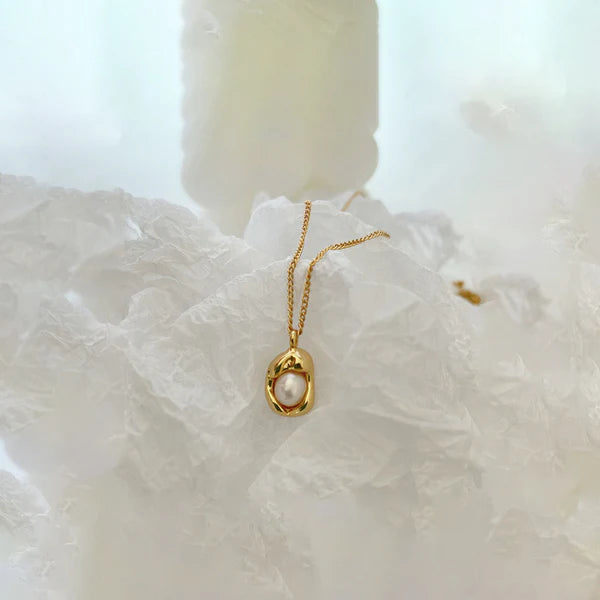 Gold-Plated Pearl Studded Contemporary Pendant Necklace | Stainless Steel, Anti-Tarnish, Waterproof & Hypoallergenic