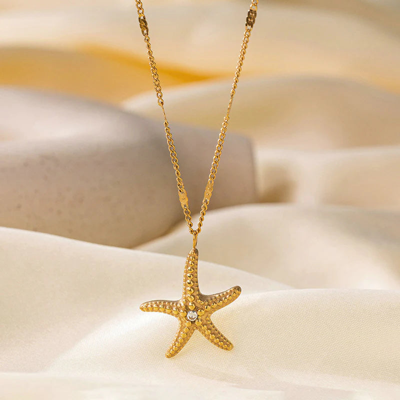 Gold Starfish Pendant Necklace | Crystal Accent, Stainless Steel, Anti-Tarnish, Waterproof & Hypoallergenic