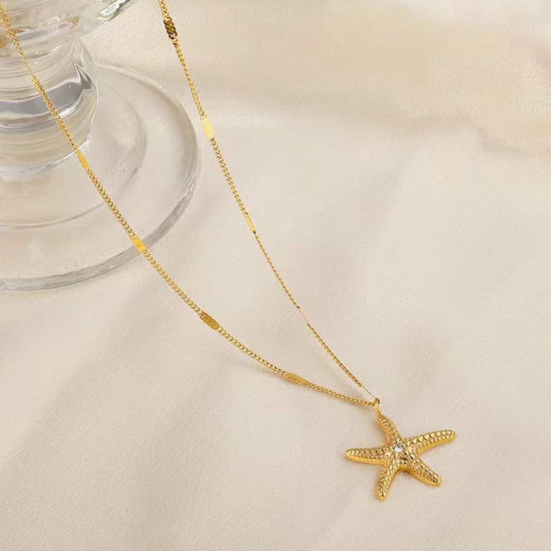 Gold Starfish Pendant Necklace | Crystal Accent, Stainless Steel, Anti-Tarnish, Waterproof & Hypoallergenic