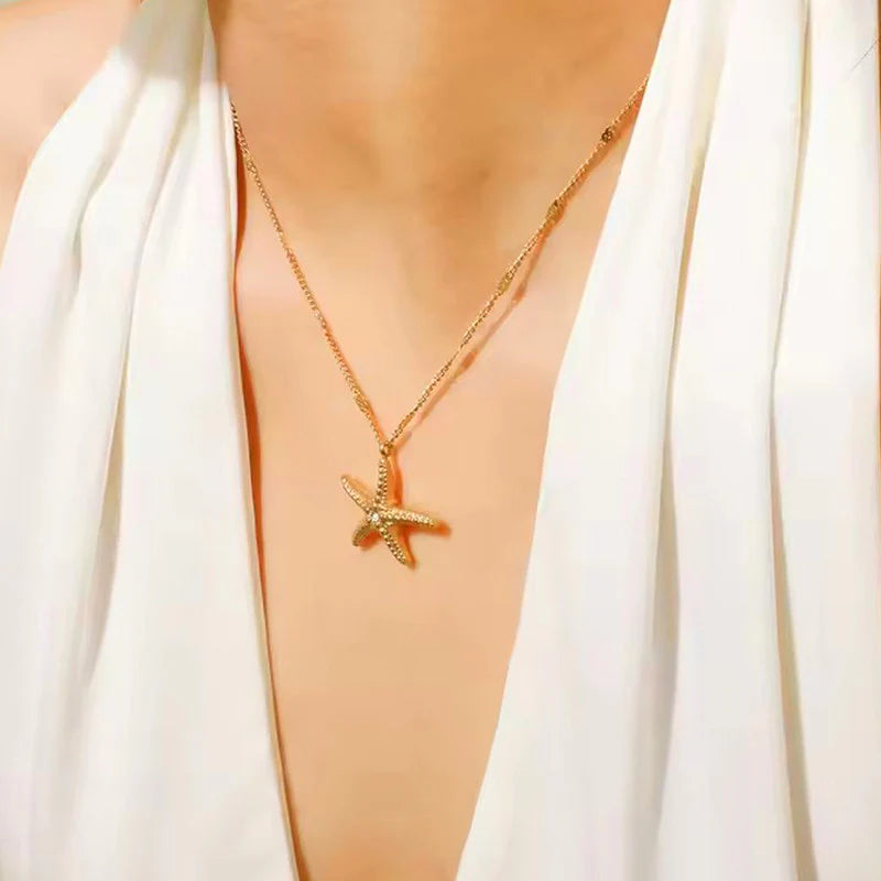 Gold Starfish Pendant Necklace | Crystal Accent, Stainless Steel, Anti-Tarnish, Waterproof & Hypoallergenic