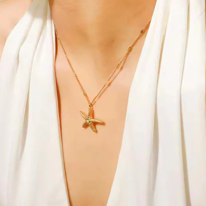 Gold Starfish Pendant Necklace | Crystal Accent, Stainless Steel, Anti-Tarnish, Waterproof & Hypoallergenic