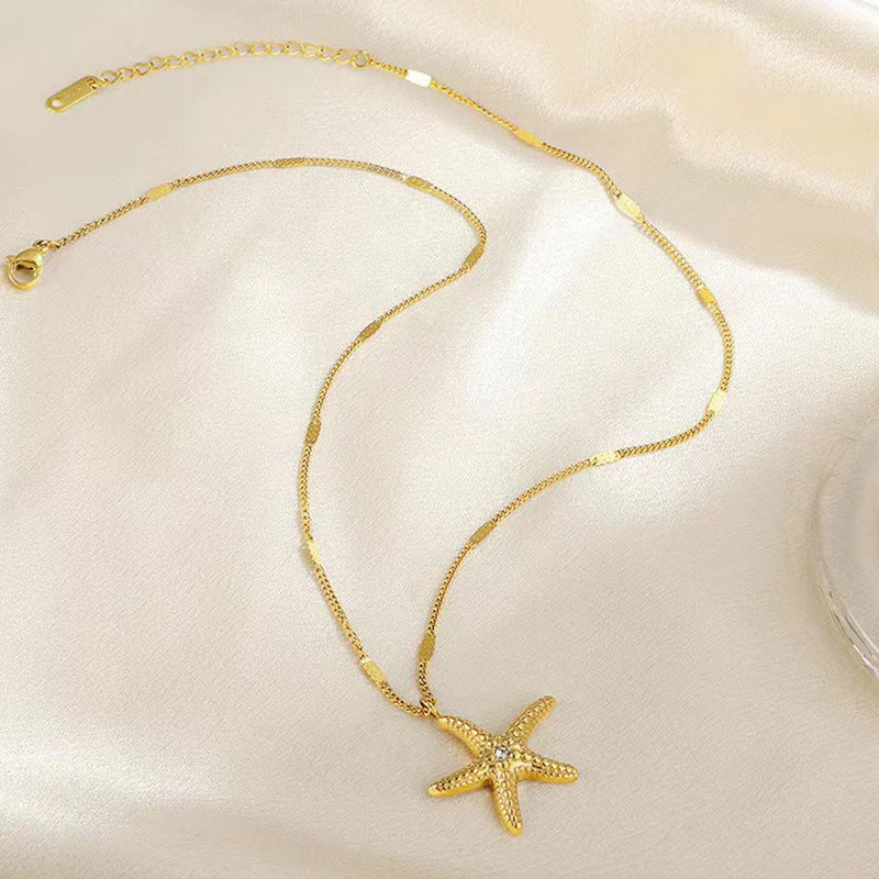 Gold Starfish Pendant Necklace | Crystal Accent, Stainless Steel, Anti-Tarnish, Waterproof & Hypoallergenic