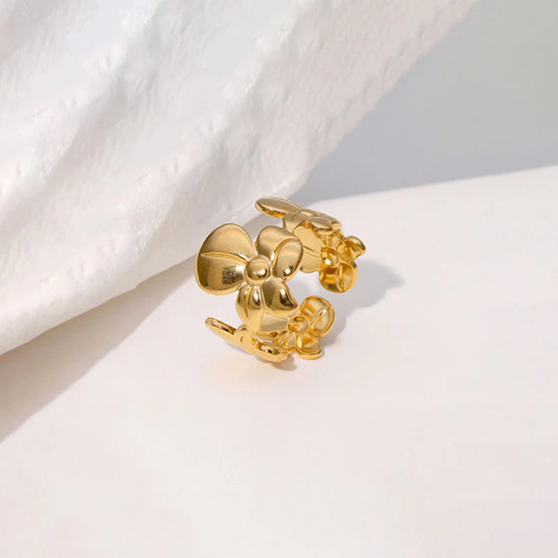 Gold Floral Open Ring | Adjustable Flower Design, Anti-Tarnish & Elegant