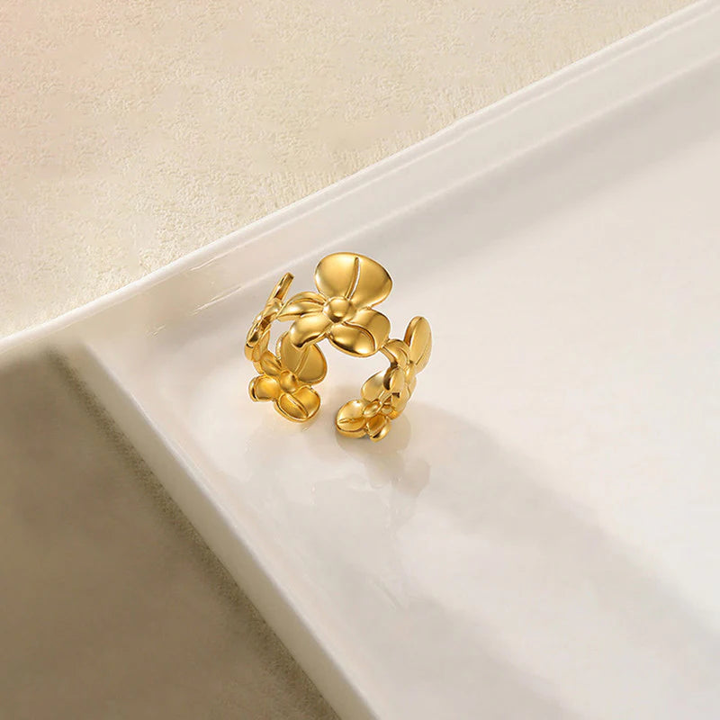 Gold Floral Open Ring | Adjustable Flower Design, Anti-Tarnish & Elegant