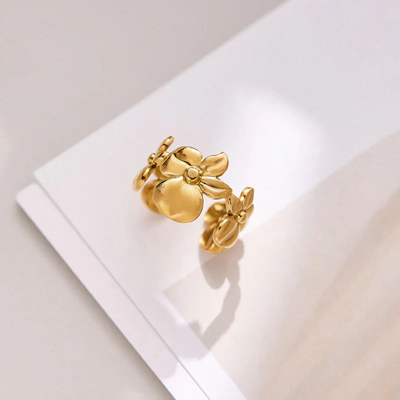 Gold Floral Open Ring | Adjustable Flower Design, Anti-Tarnish & Elegant