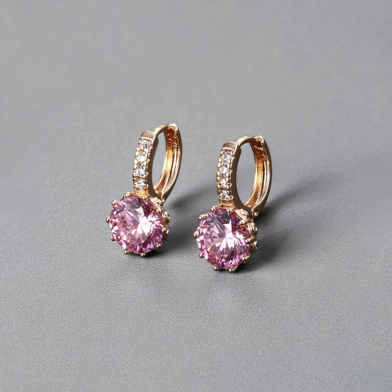 Pink Crystal Huggie Earrings | Rose Gold Finish, Sparkle Drop Design