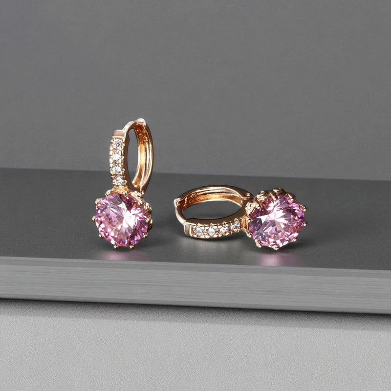 Pink Crystal Huggie Earrings | Rose Gold Finish, Sparkle Drop Design