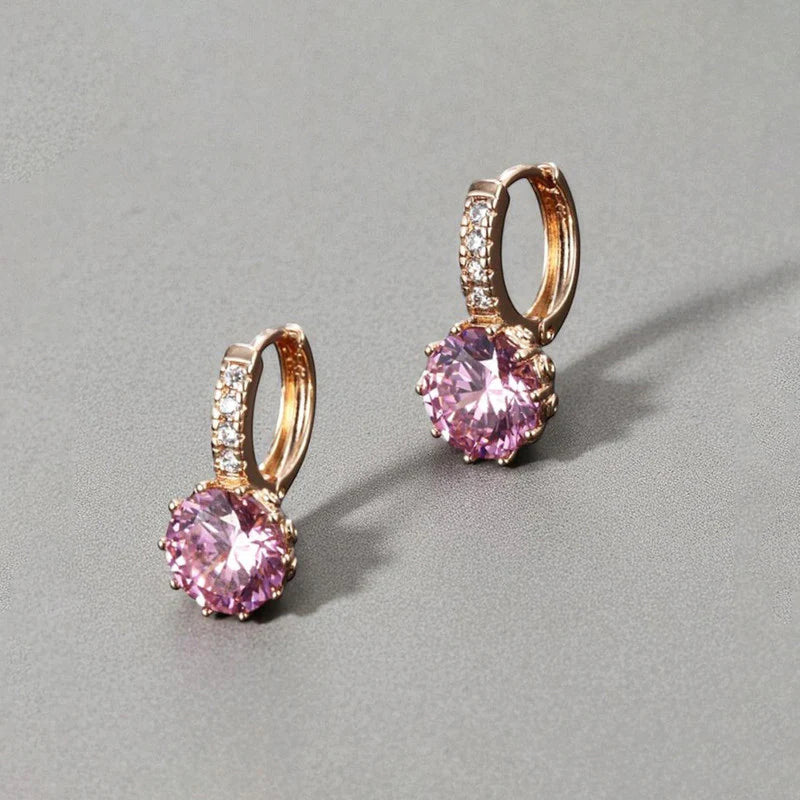 Pink Crystal Huggie Earrings | Rose Gold Finish, Sparkle Drop Design