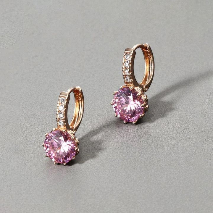 Pink Crystal Huggie Earrings | Rose Gold Finish, Sparkle Drop Design