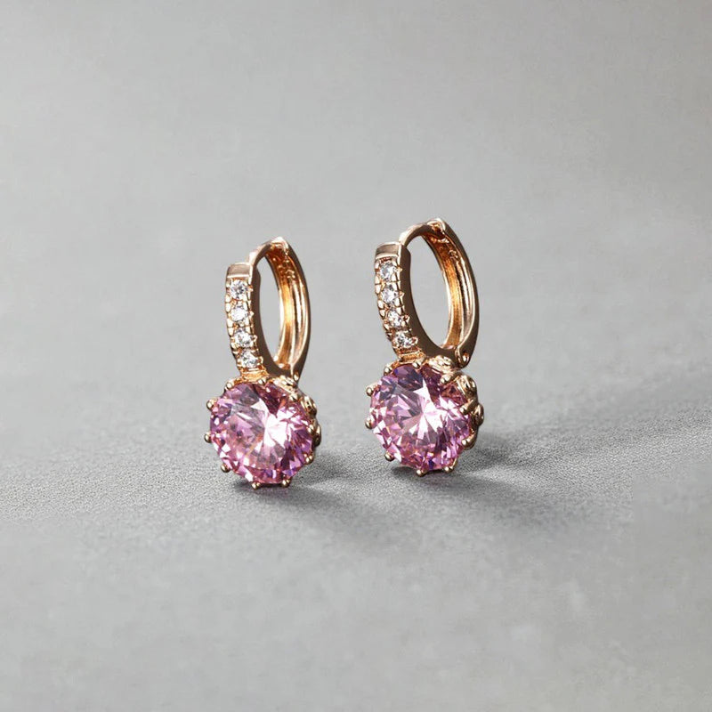 Pink Crystal Huggie Earrings | Rose Gold Finish, Sparkle Drop Design