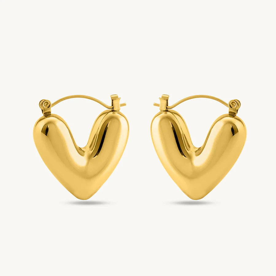 Golden Puffy Heart Necklace & Hoop Earrings Set – Valentine Edition