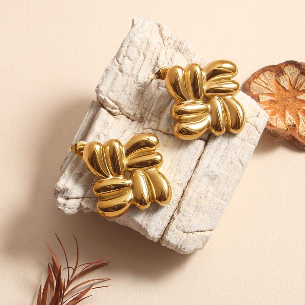 Gold Sculpted Floral Cluster Earrings | Bold Statement Design, Stainless Steel, Anti-Tarnish, Waterproof & Hypoallergenic