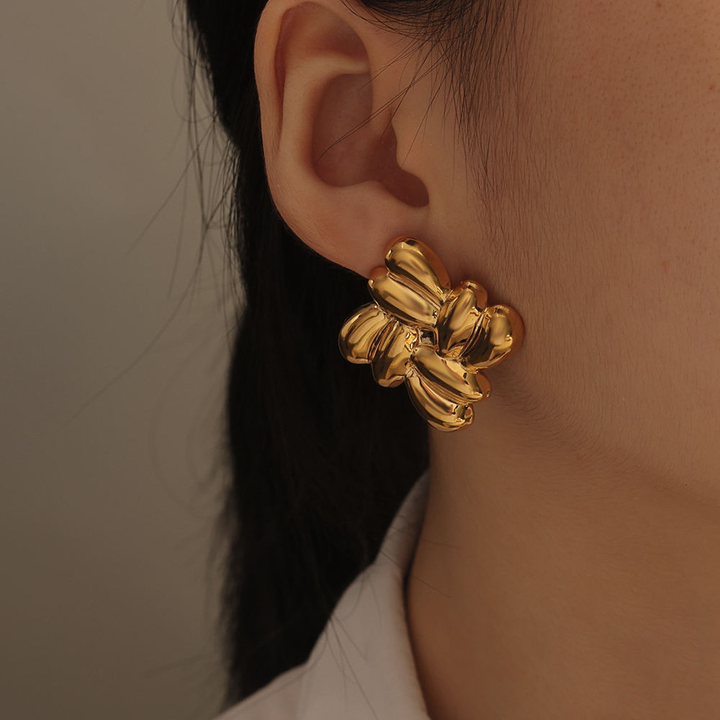 Gold Sculpted Floral Cluster Earrings | Bold Statement Design, Stainless Steel, Anti-Tarnish, Waterproof & Hypoallergenic