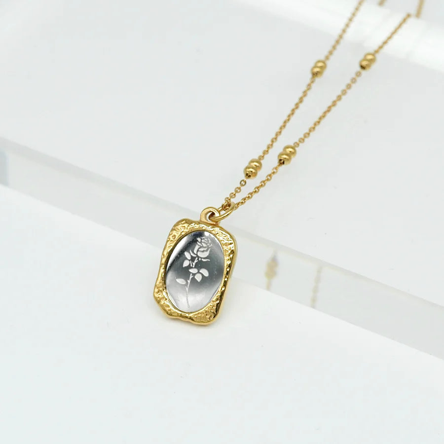 Vintage Rose Engraved Pendant Necklace | Gold-Plated Frame & Dual-Layer Chain