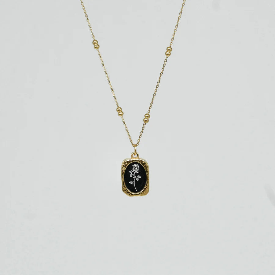 Vintage Rose Engraved Pendant Necklace | Gold-Plated Frame & Dual-Layer Chain