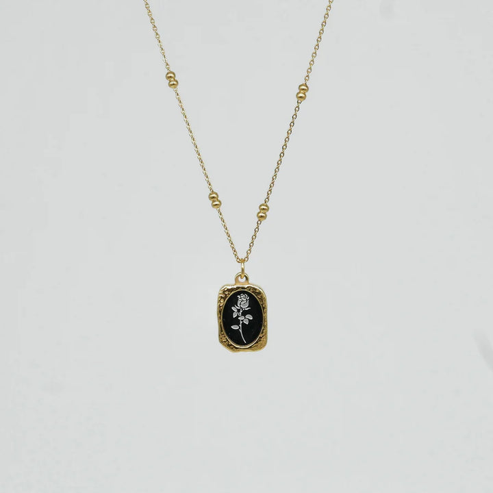 Vintage Rose Engraved Pendant Necklace | Gold-Plated Frame & Dual-Layer Chain