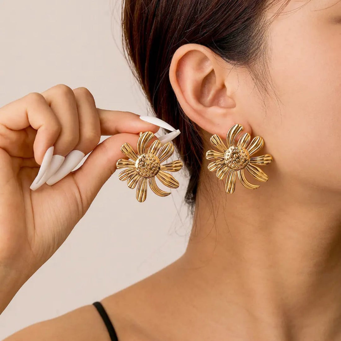 Gold Floral Stud Earrings | Sculpted Flower Design, Stainless Steel, Anti-Tarnish, Waterproof & Hypoallergenic