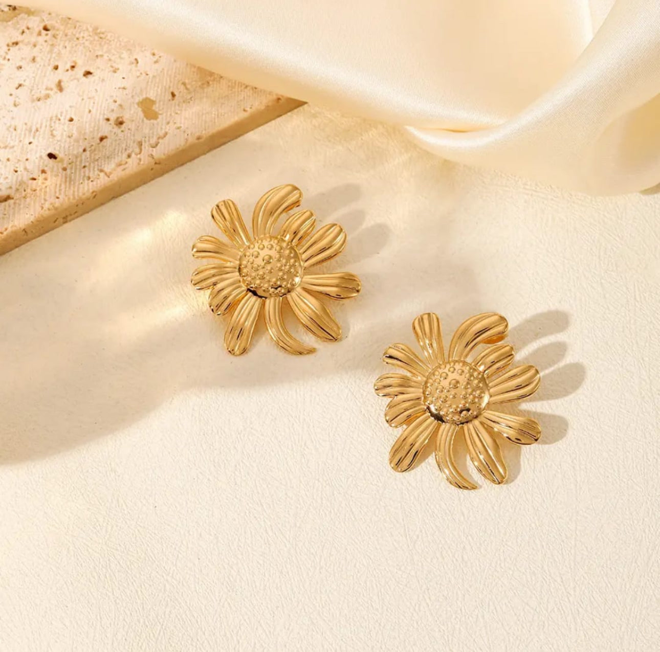 Gold Floral Stud Earrings | Sculpted Flower Design, Stainless Steel, Anti-Tarnish, Waterproof & Hypoallergenic