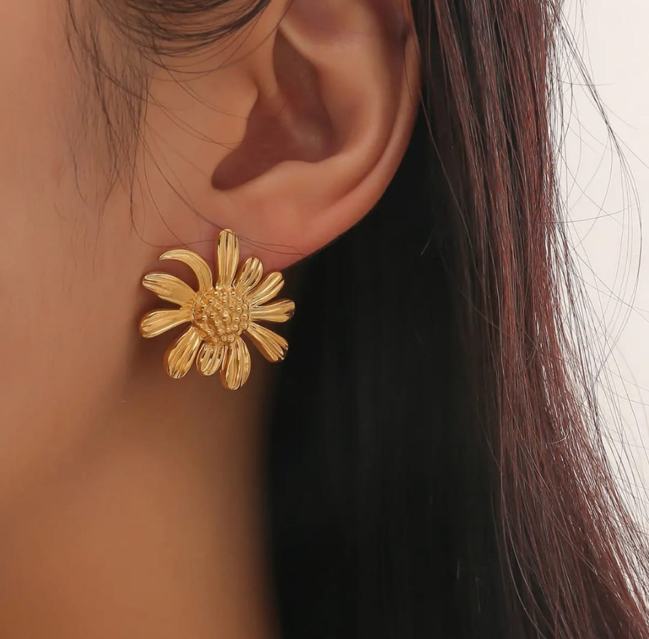 Gold Floral Stud Earrings | Sculpted Flower Design, Stainless Steel, Anti-Tarnish, Waterproof & Hypoallergenic