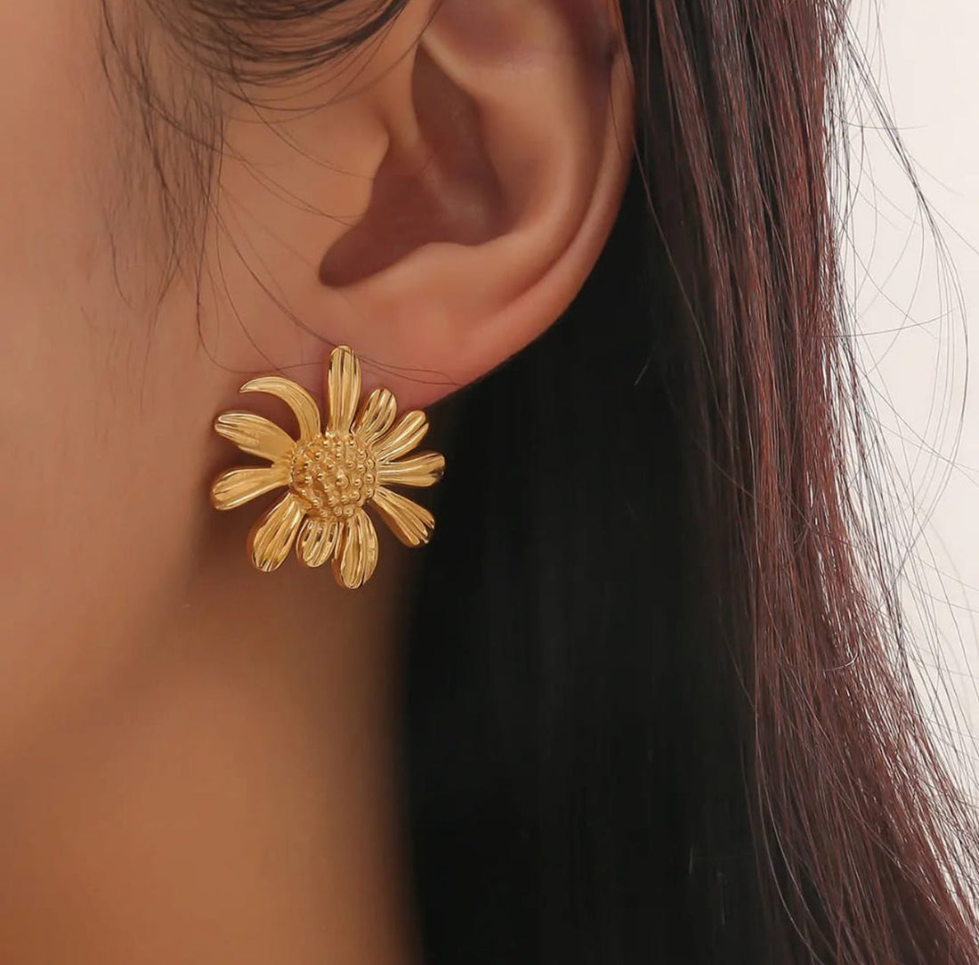 Gold Floral Stud Earrings | Sculpted Flower Design, Stainless Steel, Anti-Tarnish, Waterproof & Hypoallergenic