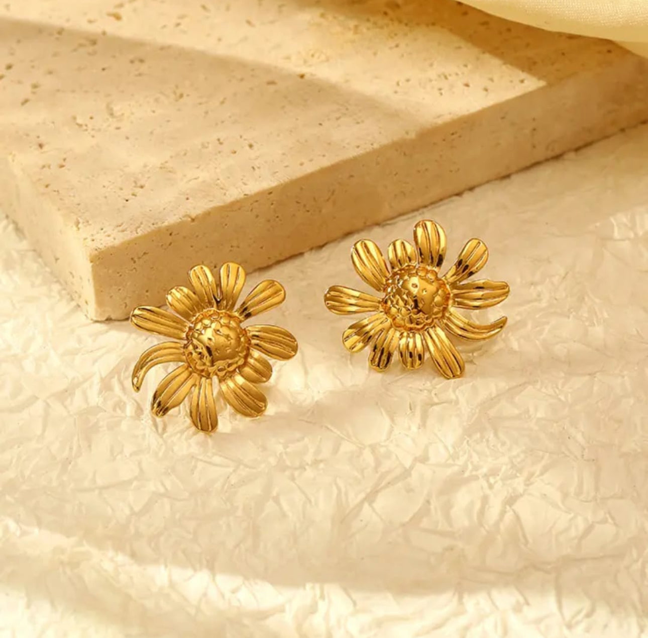 Gold Floral Stud Earrings | Sculpted Flower Design, Stainless Steel, Anti-Tarnish, Waterproof & Hypoallergenic