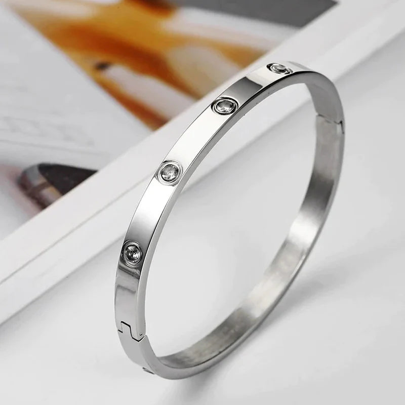 Silver Crystal Screw Bangle | Stainless Steel Bracelet, Anti-Tarnish, Waterproof & Hypoallergenic