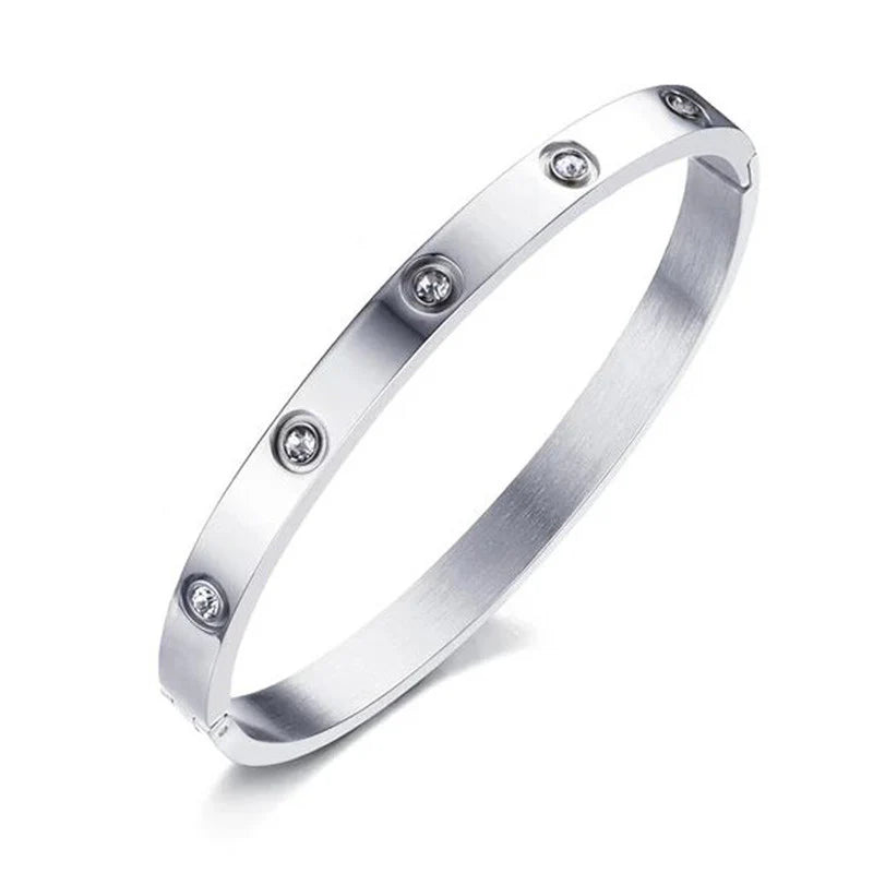 Silver Crystal Screw Bangle | Stainless Steel Bracelet, Anti-Tarnish, Waterproof & Hypoallergenic