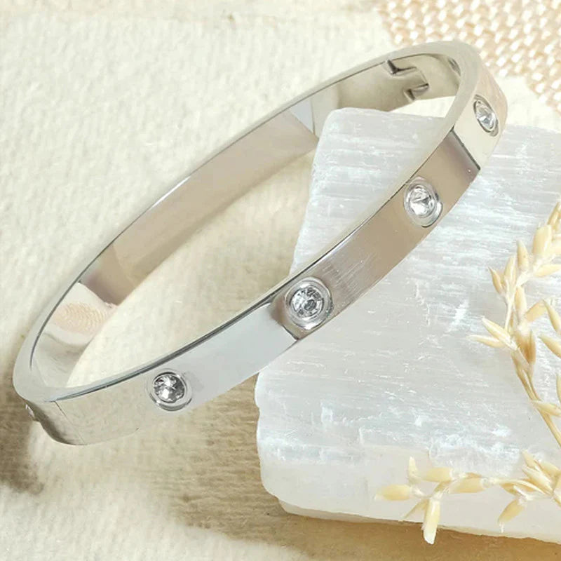 Silver Crystal Screw Bangle | Stainless Steel Bracelet, Anti-Tarnish, Waterproof & Hypoallergenic