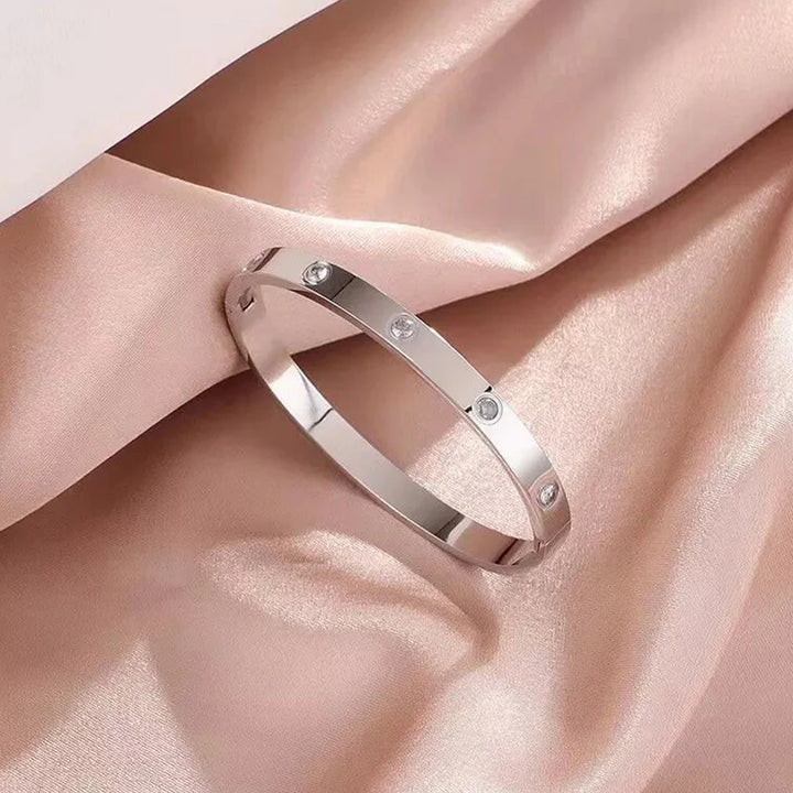 Silver Crystal Screw Bangle | Stainless Steel Bracelet, Anti-Tarnish, Waterproof & Hypoallergenic