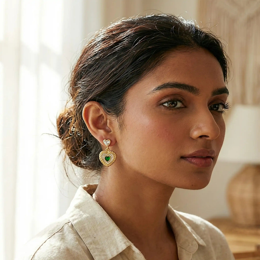 Gold Heart Drop Earrings with Green Stone | Anti-Tarnish Jewellery