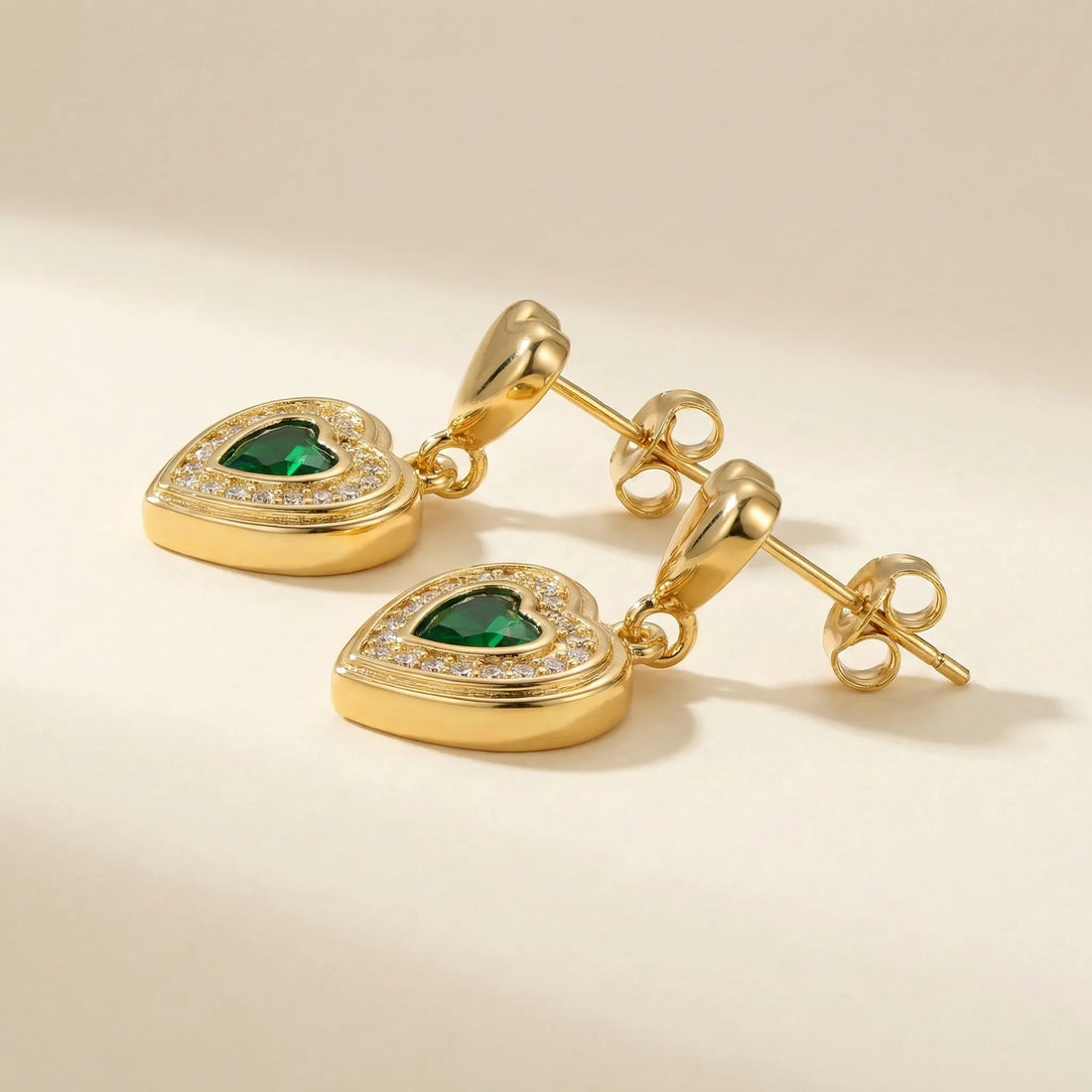 Gold Heart Drop Earrings with Green Stone | Anti-Tarnish Jewellery