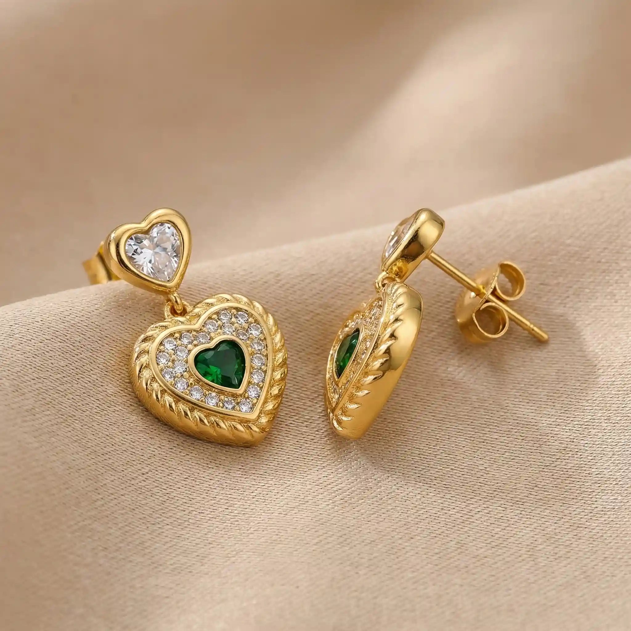 Gold Heart Drop Earrings with Green Stone | Anti-Tarnish Jewellery