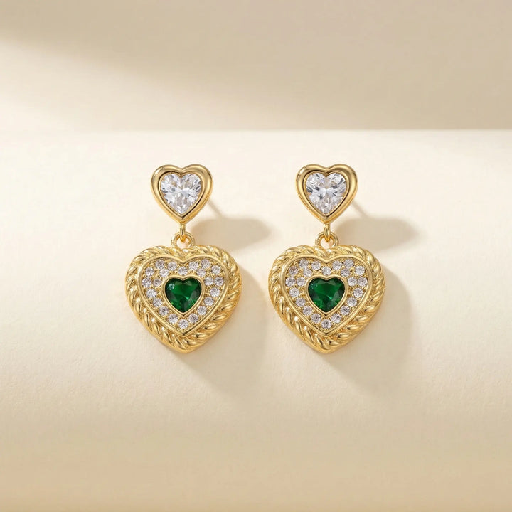 Gold Heart Drop Earrings with Green Stone | Anti-Tarnish Jewellery