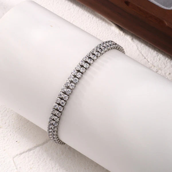 Silver-Plated Dual-Strand CZ Tennis Bracelet | Round-Cut White Matrix, Anti-Tarnish & Hypoallergenic