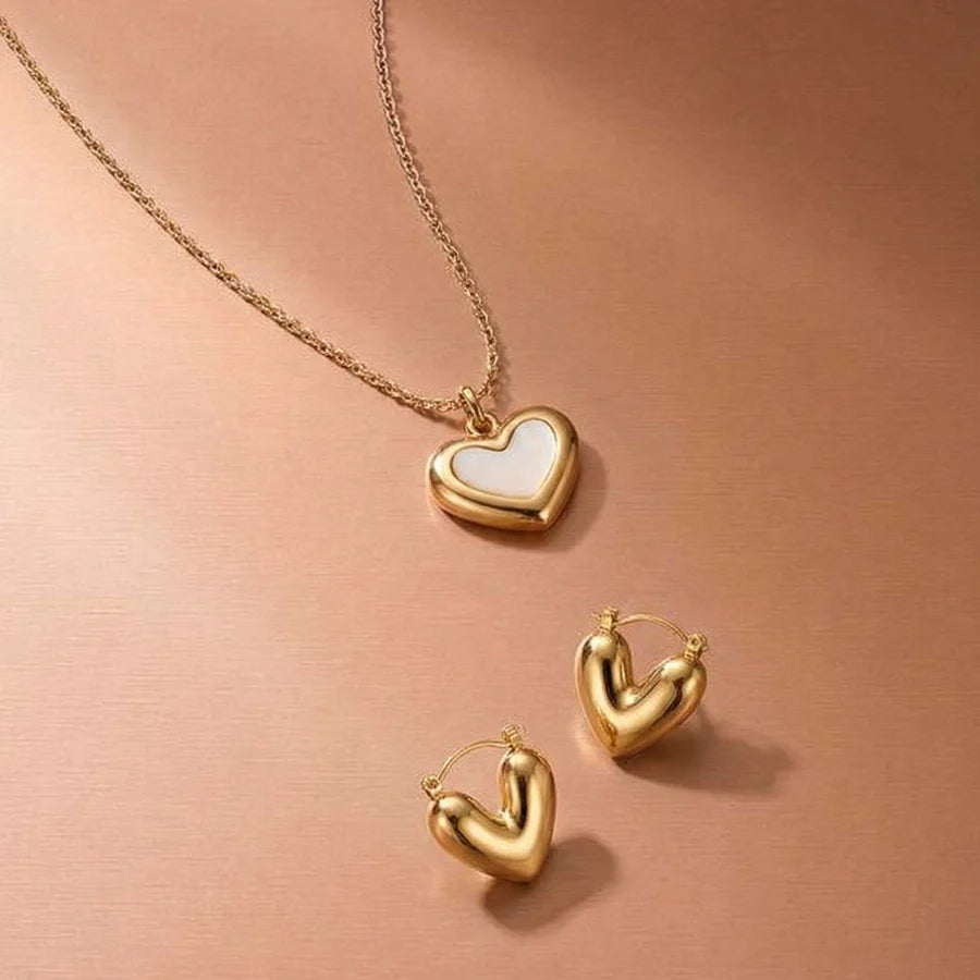 Gold-Plated Mother of Pearl Heart Necklace & Puffy Heart Hoop Earrings Set